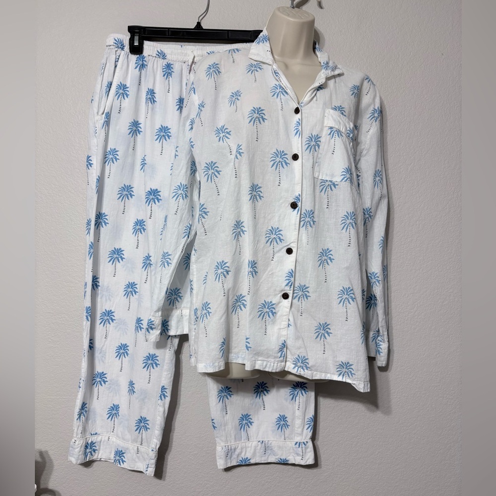 Just Darviny Tropical Made in India Cotton White with Blue Palm Trees Pajama Set